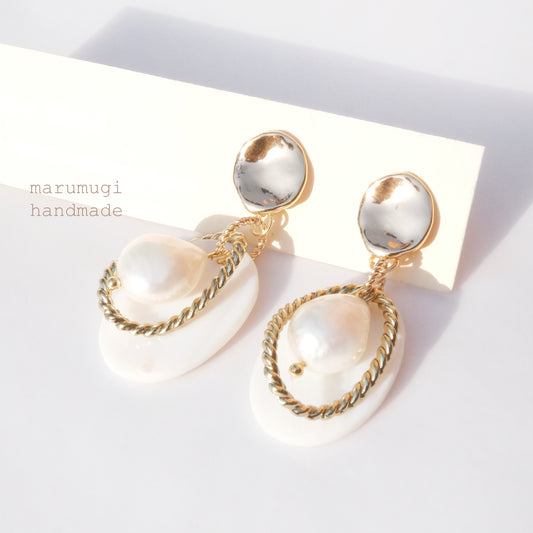 大ぶり 天然淡水真珠×白蝶貝ピアス・イヤリング交換可 マザーオブパール  白蝶貝 ホワイト