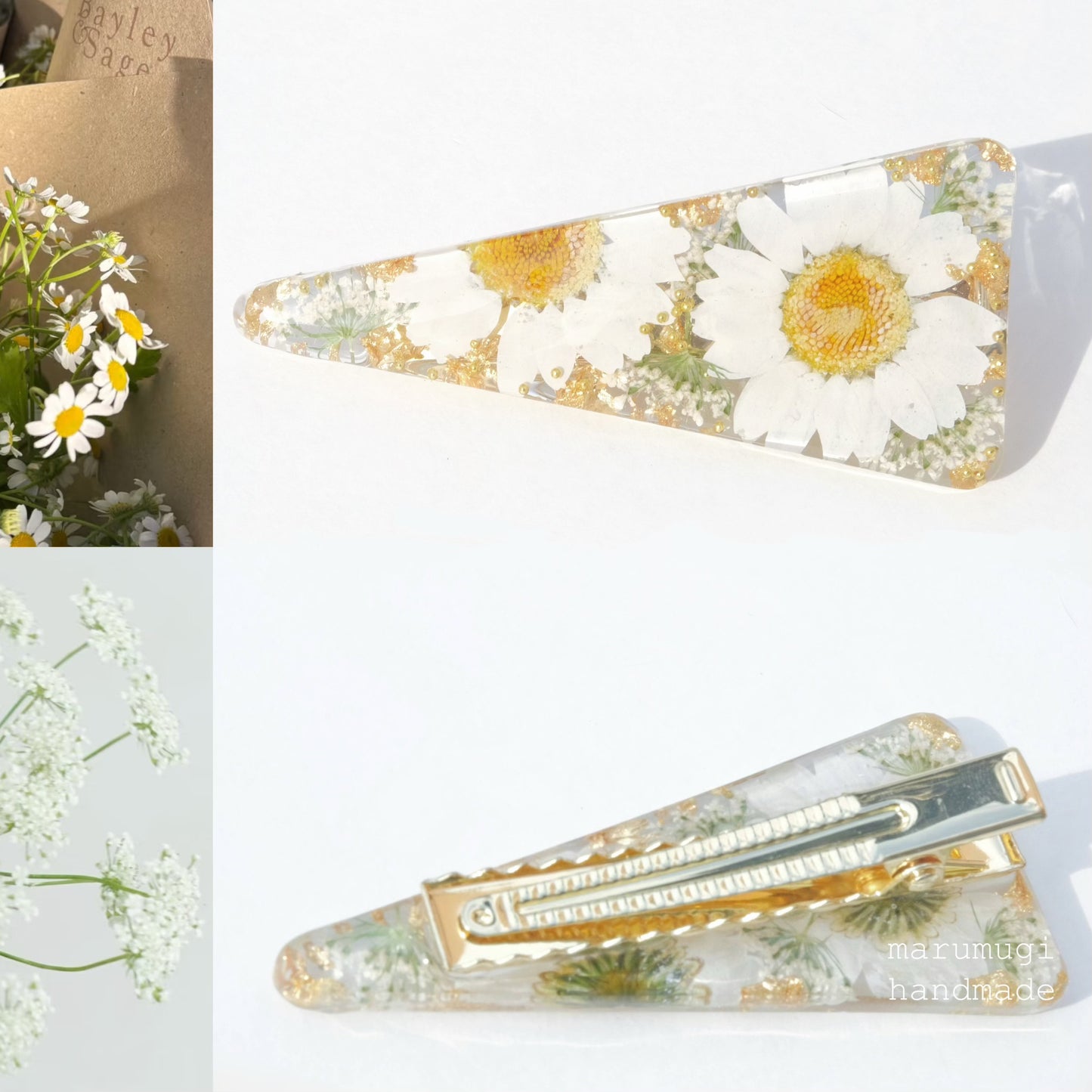 【夏セール10%off】【夏ヘアクリップ特集】❁雛菊×レースフラワー⊹꙳ヘアクリップ14kgf 透明感