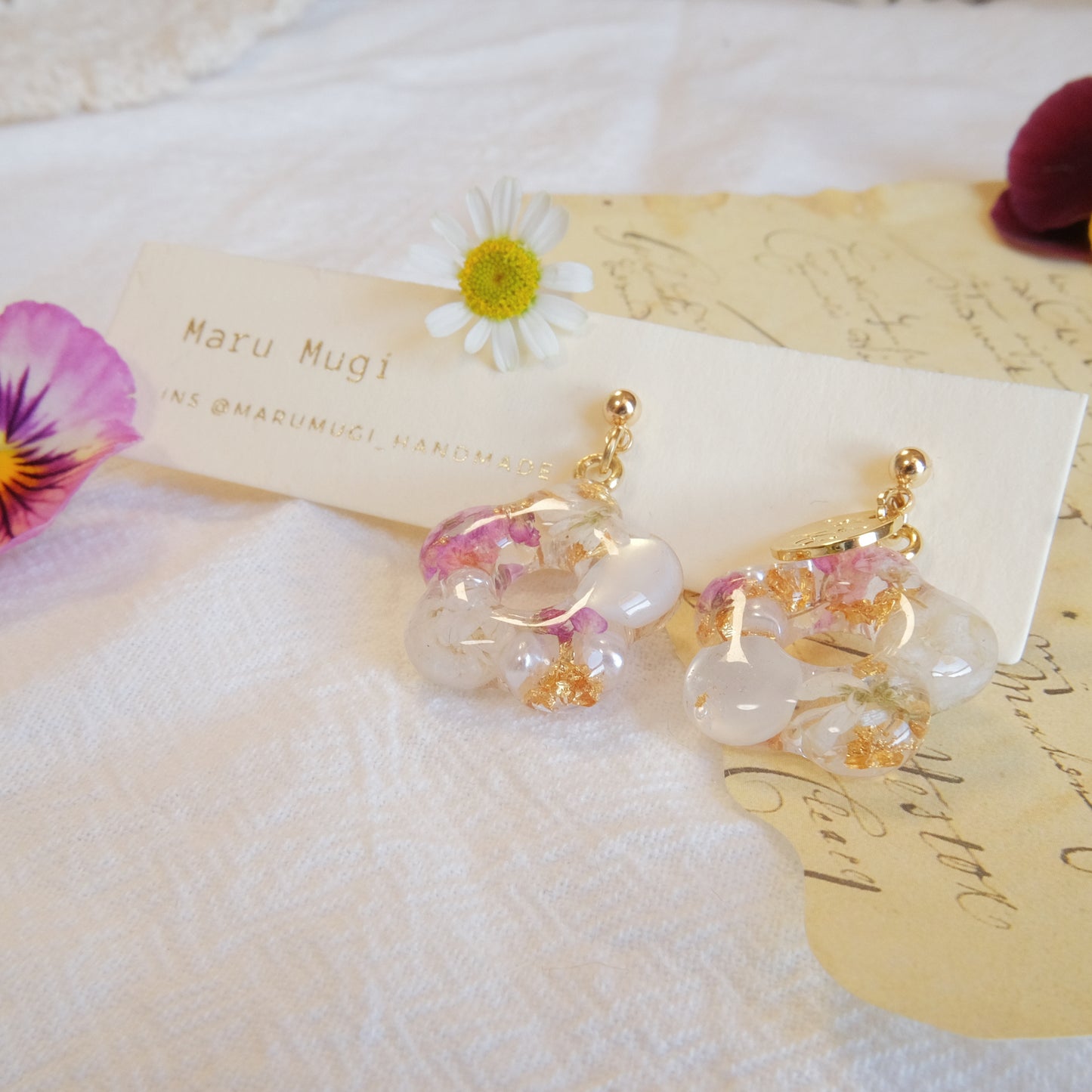 現品　パープル小花ピアス・ヘアクリップセット(イヤリングにも変更可)