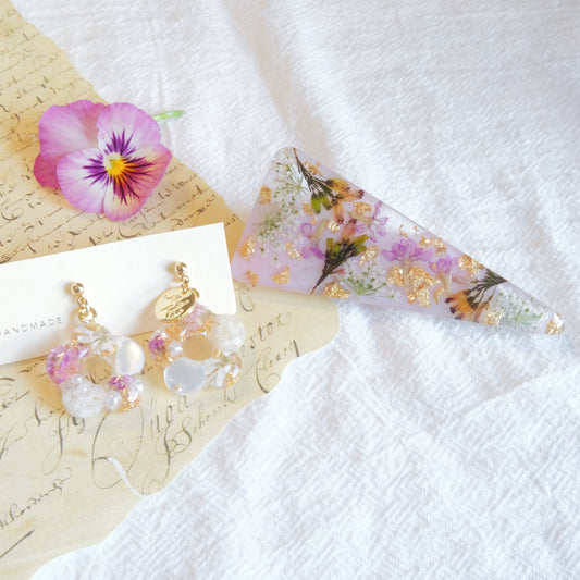 現品　パープル小花ピアス・ヘアクリップセット(イヤリングにも変更可)
