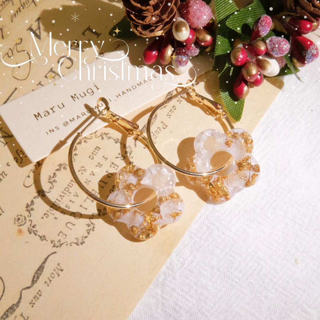 現品小花×パールピアス(イヤリング変更可)　小花×金箔フープピアス